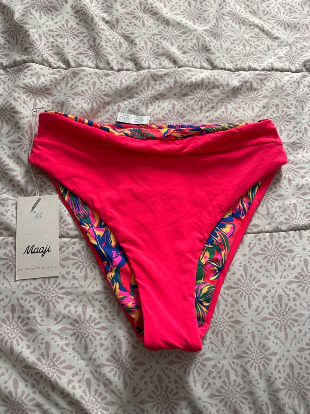 Maaji Neon Pink Reversible Bikini Bottom with Tropical Trim